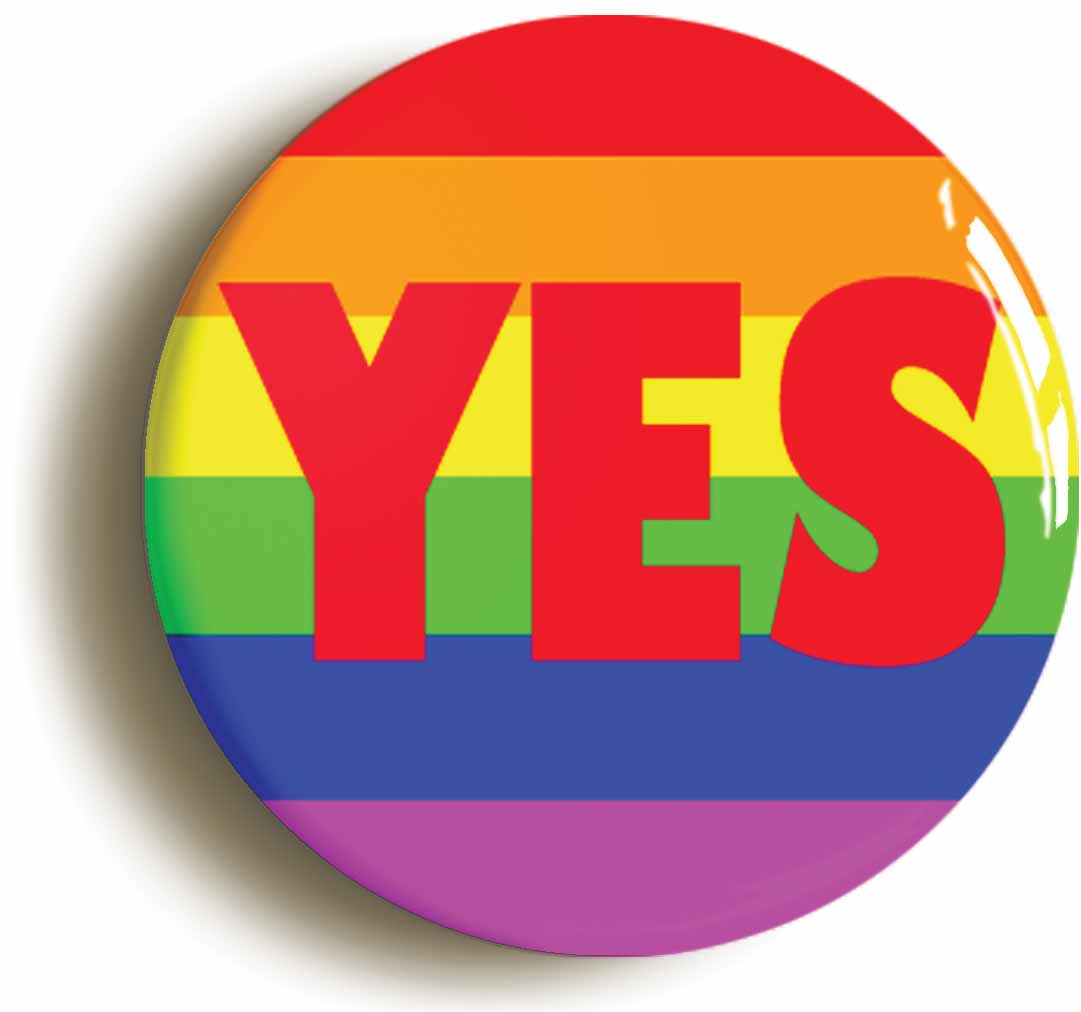 A picture of the front of the product, titled Rainbow Yes LGBT Pride Diversity Button Pin Badge