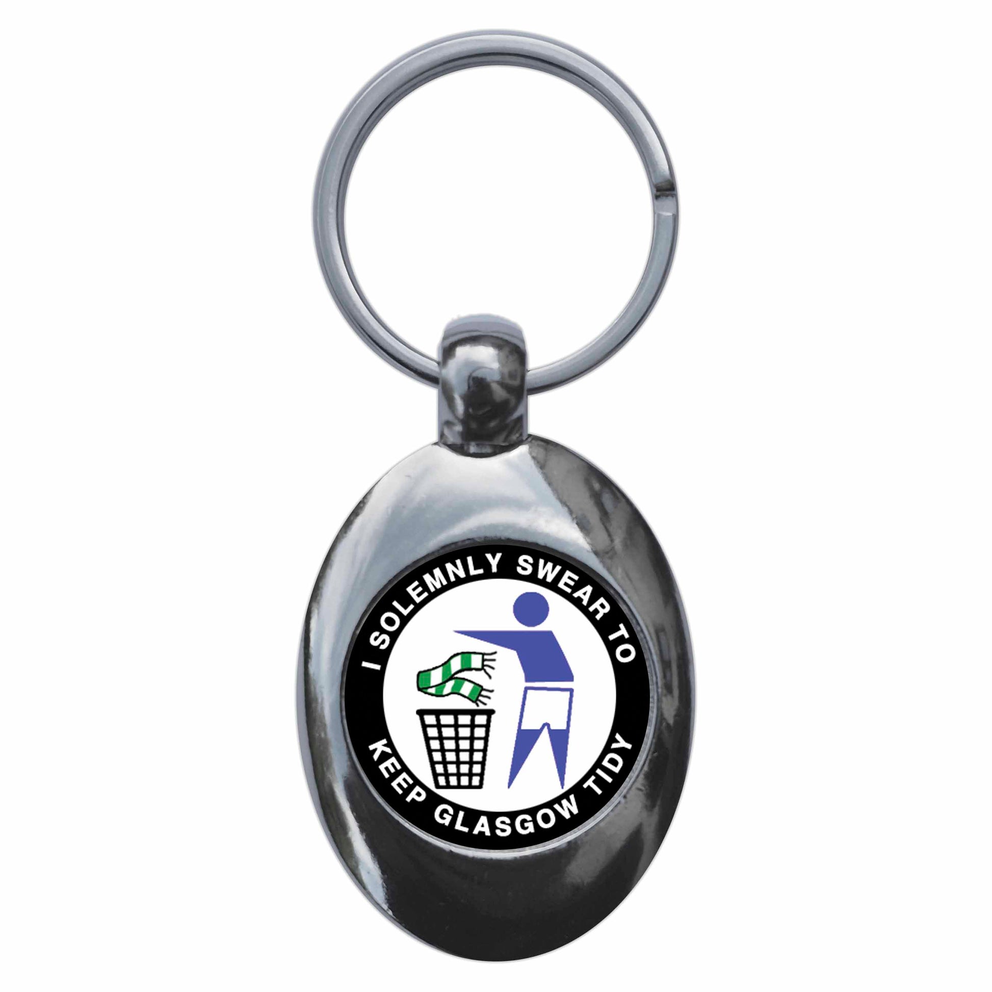 A picture of the front of the product, titled I Solemnly Swear To Keep Glasgow Tidy - R Metal Keyring With Trolley Coin