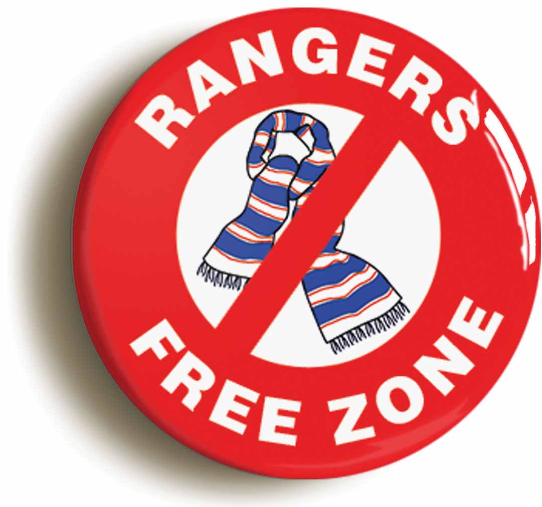 A picture of the front of the product, titled Rangers Free Zone Button Pin Badge