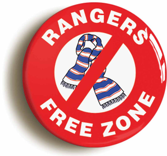 A picture of the front of the product, titled Rangers Free Zone Button Pin Badge