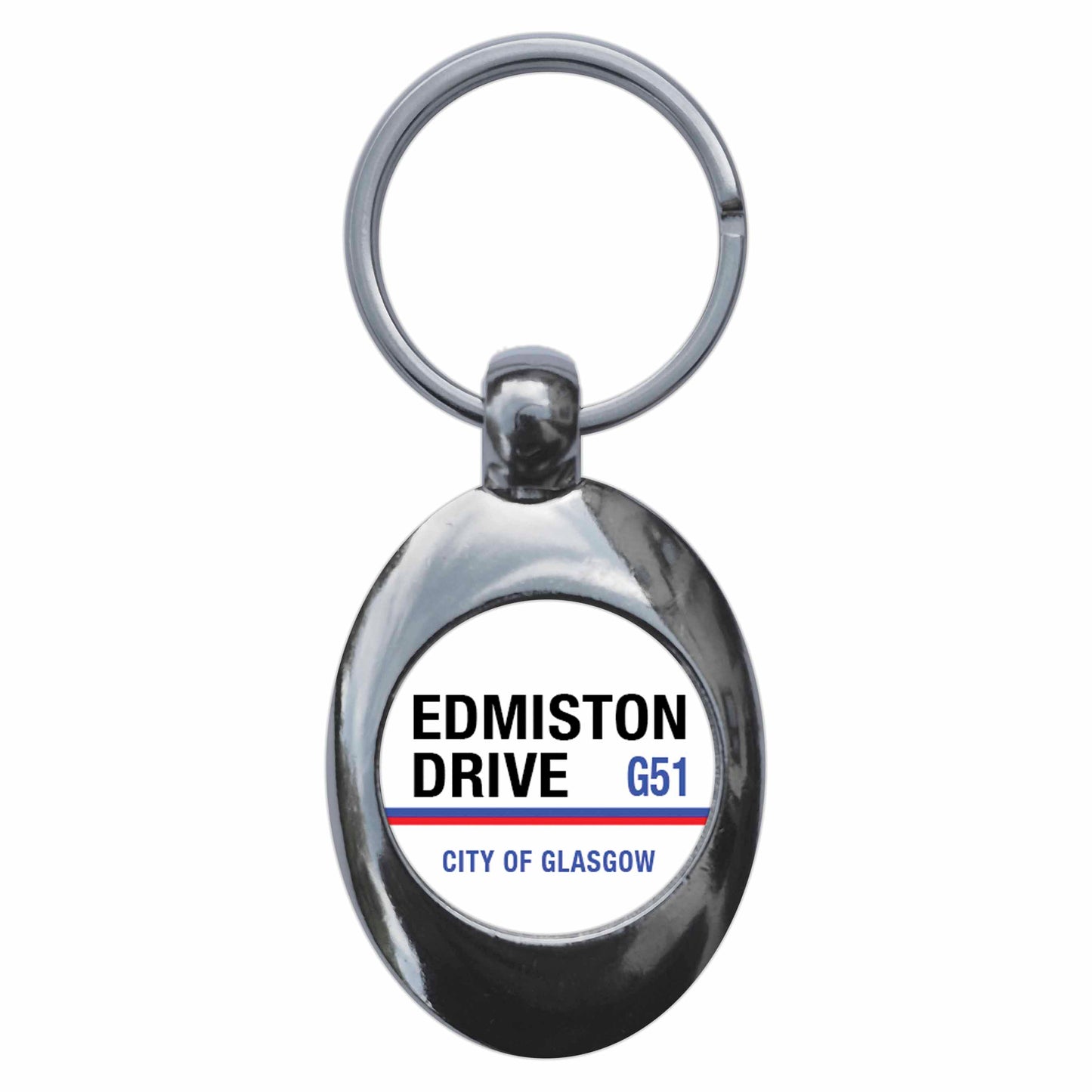A picture of the front of the product, titled Edmiston Drive G51 Glasgow Road Sign Metal Keyring With Trolley Coin