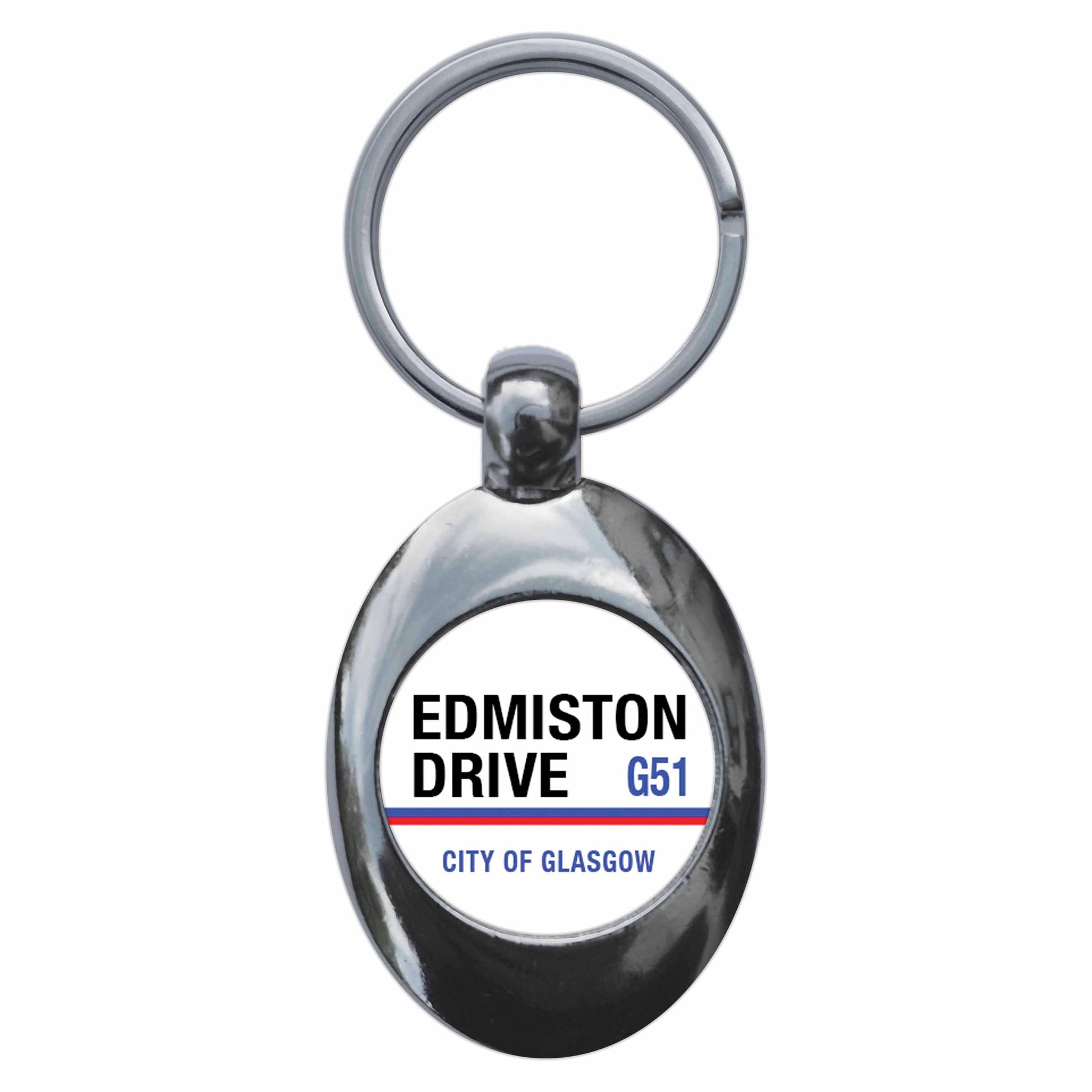 A picture of the front of the product, titled Edmiston Drive G51 Glasgow Road Sign Metal Keyring With Trolley Coin