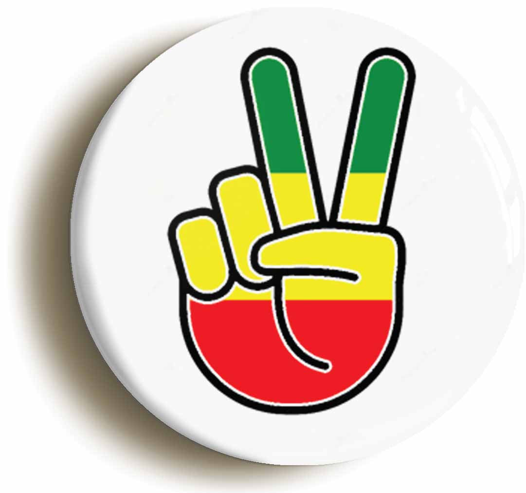 A picture of the front of the product, titled Rastafarian Colours Peace Sign V Button Pin Badge