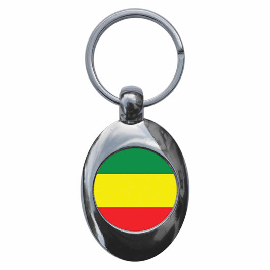 A picture of the front of the product, titled Rastafarian Colours Metal Keyring With Trolley Coin