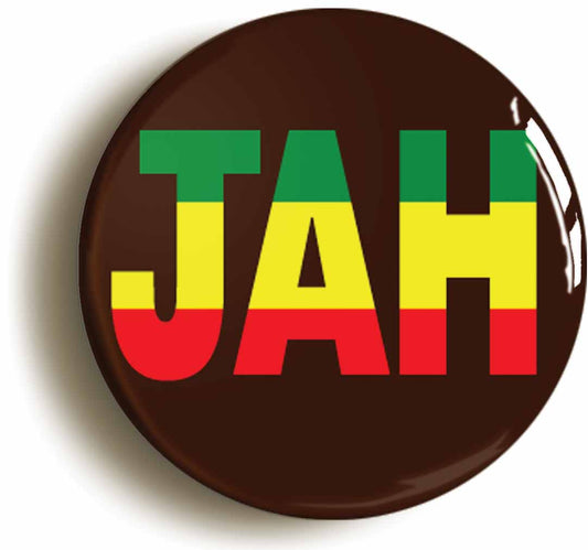 A picture of the front of the product, titled Jah Rastafarian Reggae Button Pin Badge