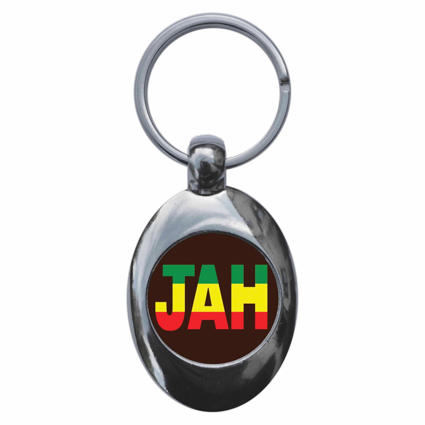 A picture of the front of the product, titled Jah Rastafarian Metal Keyring With Trolley Coin