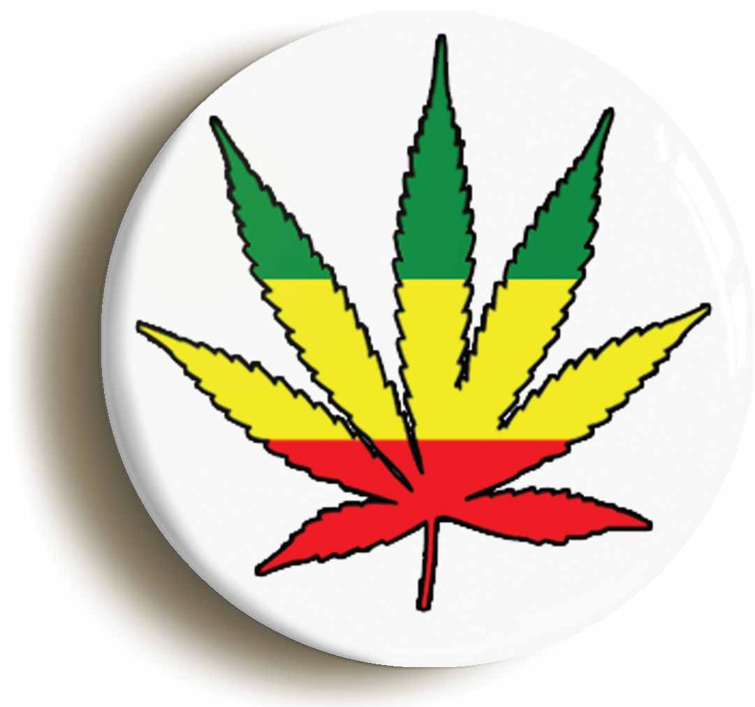 A picture of the front of the product, titled Rasta Leaf Reggae Colour Button Pin Badge