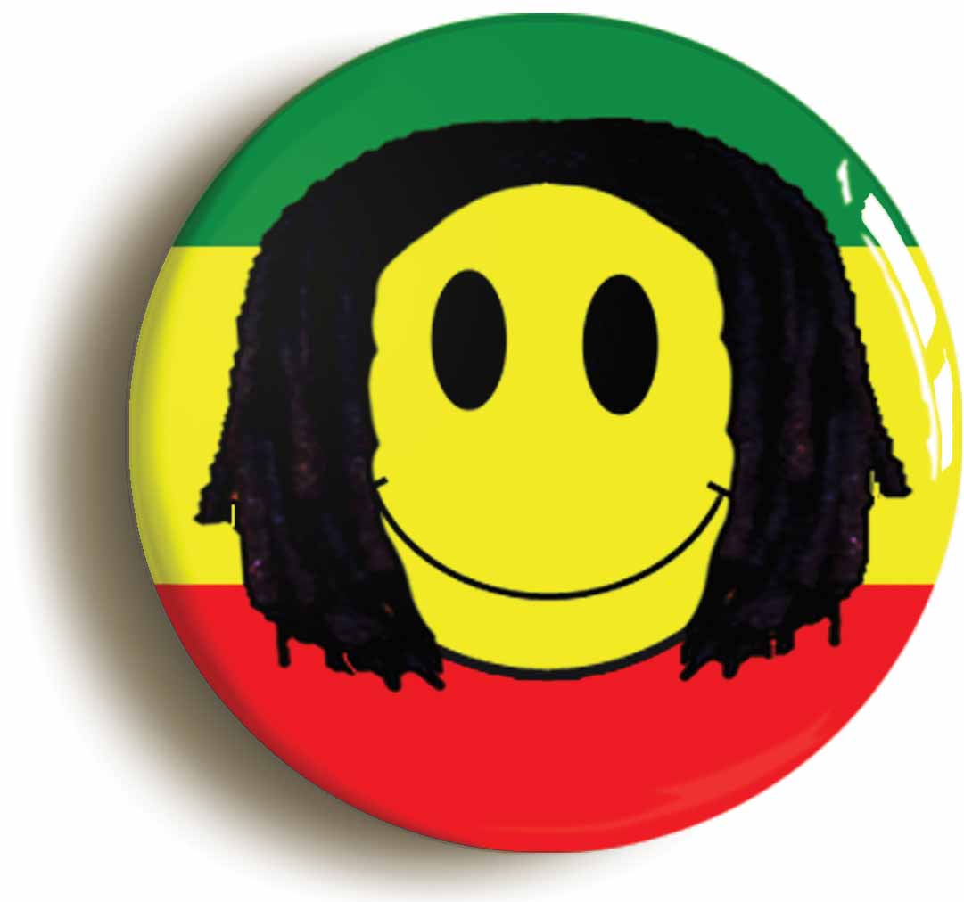 A picture of the front of the product, titled Reggae Happy Smiling Rastafarian Button Pin Badge