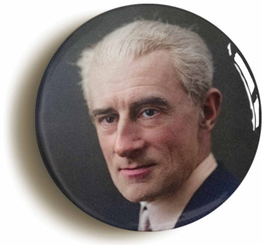 A picture of the front of the product, titled Maurice Ravel Classical Music Button Pin Badge