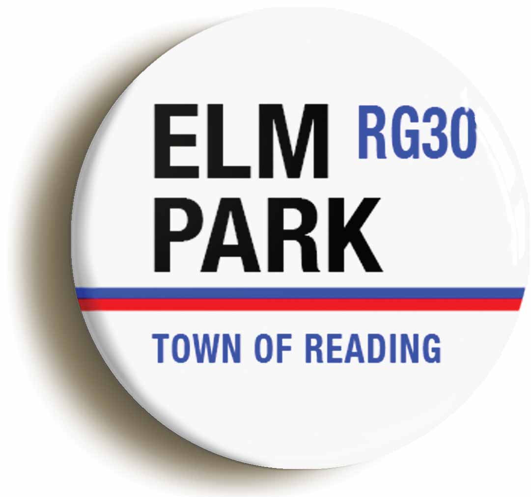 A picture of the front of the product, titled Elm Park RG30 Reading Road Sign Circular 50mm Fridge Magnet