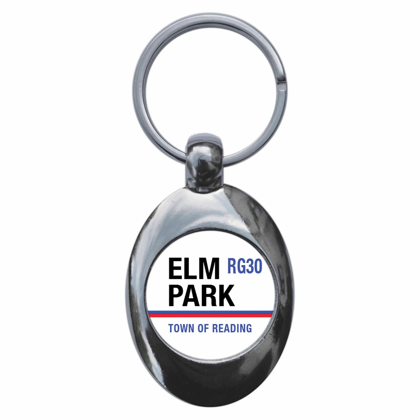 A picture of the front of the product, titled Elm Park RG30 Reading Road Sign Metal Keyring With Trolley Coin