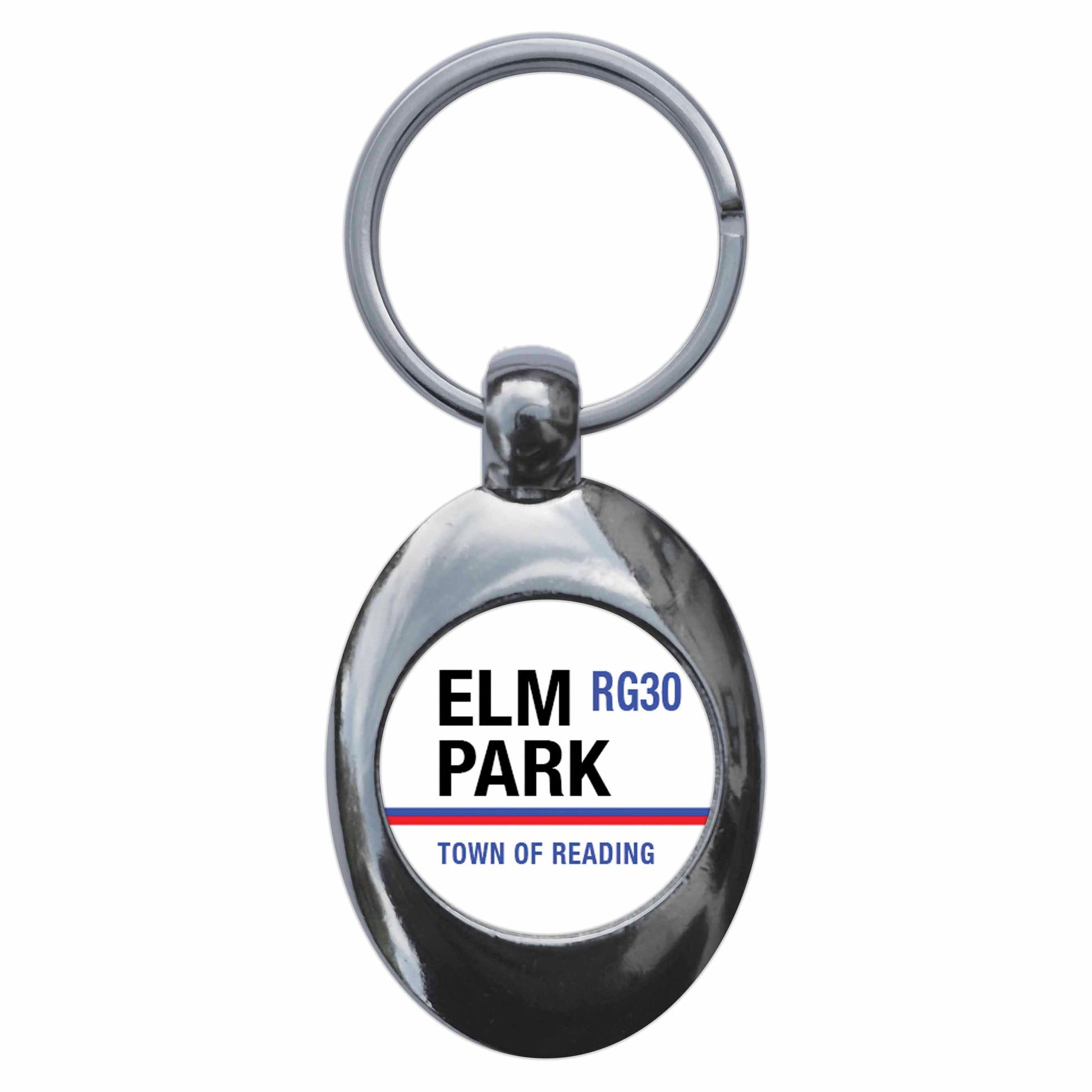 A picture of the front of the product, titled Elm Park RG30 Reading Road Sign Metal Keyring With Trolley Coin