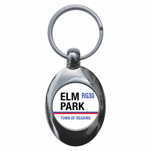 A picture of the front of the product, titled Elm Park RG30 Reading Road Sign Metal Keyring With Trolley Coin