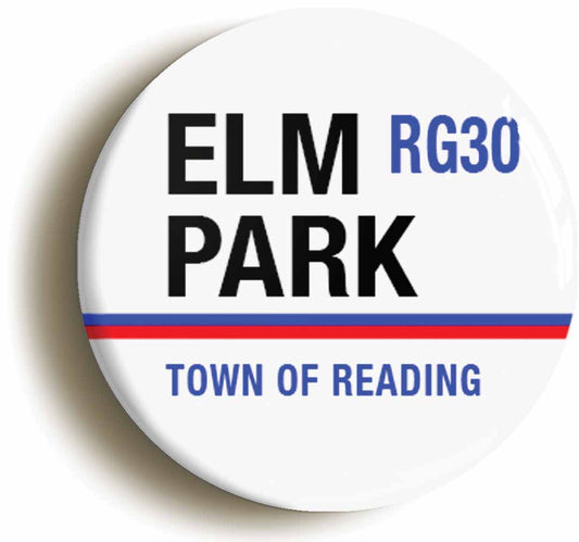 A picture of the front of the product, titled Elm Park RG30 Reading Road Sign Button Pin Badge