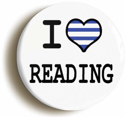 A picture of the front of the product, titled I Heart Love Reading Button Pin Badge