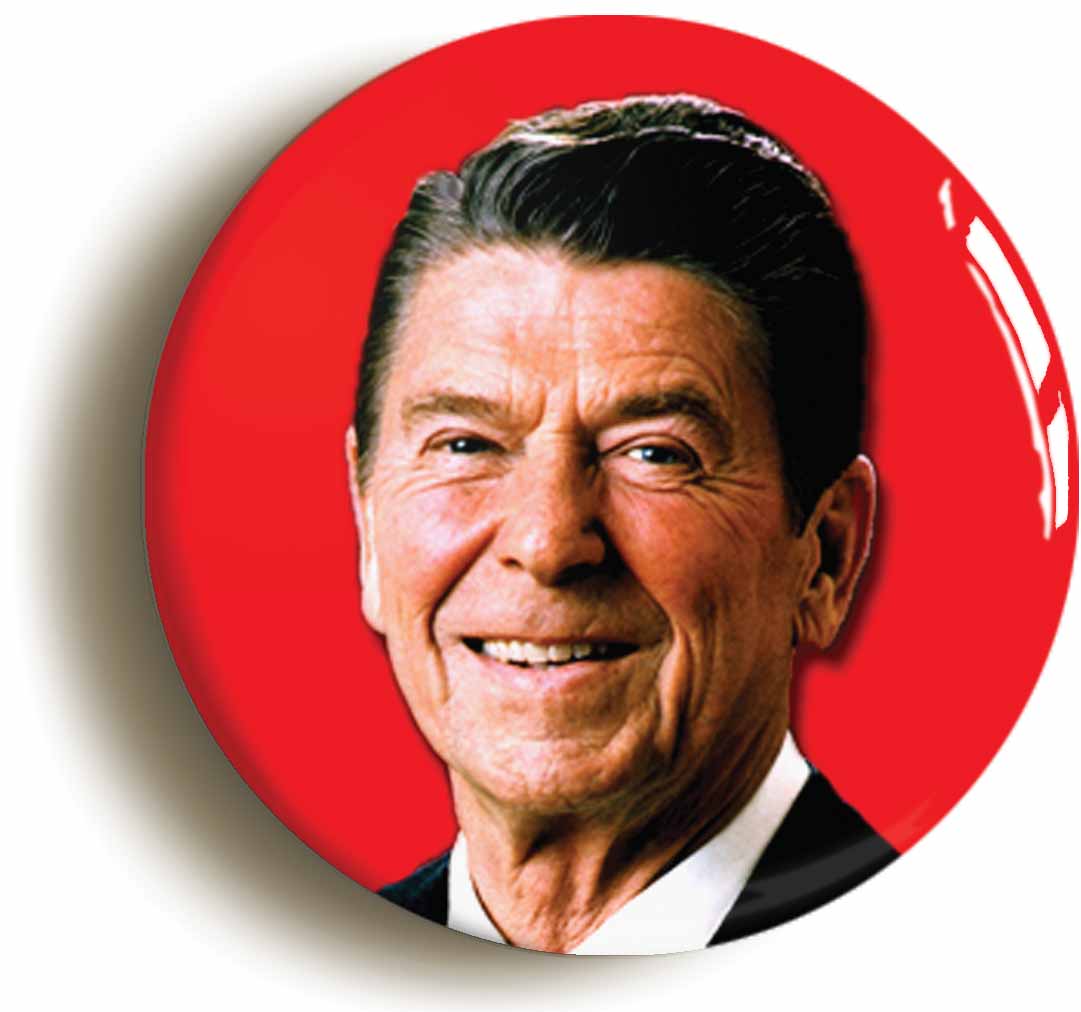 A picture of the front of the product, titled Ronald Reagan Retro Eighties 1980s Button Pin Badge