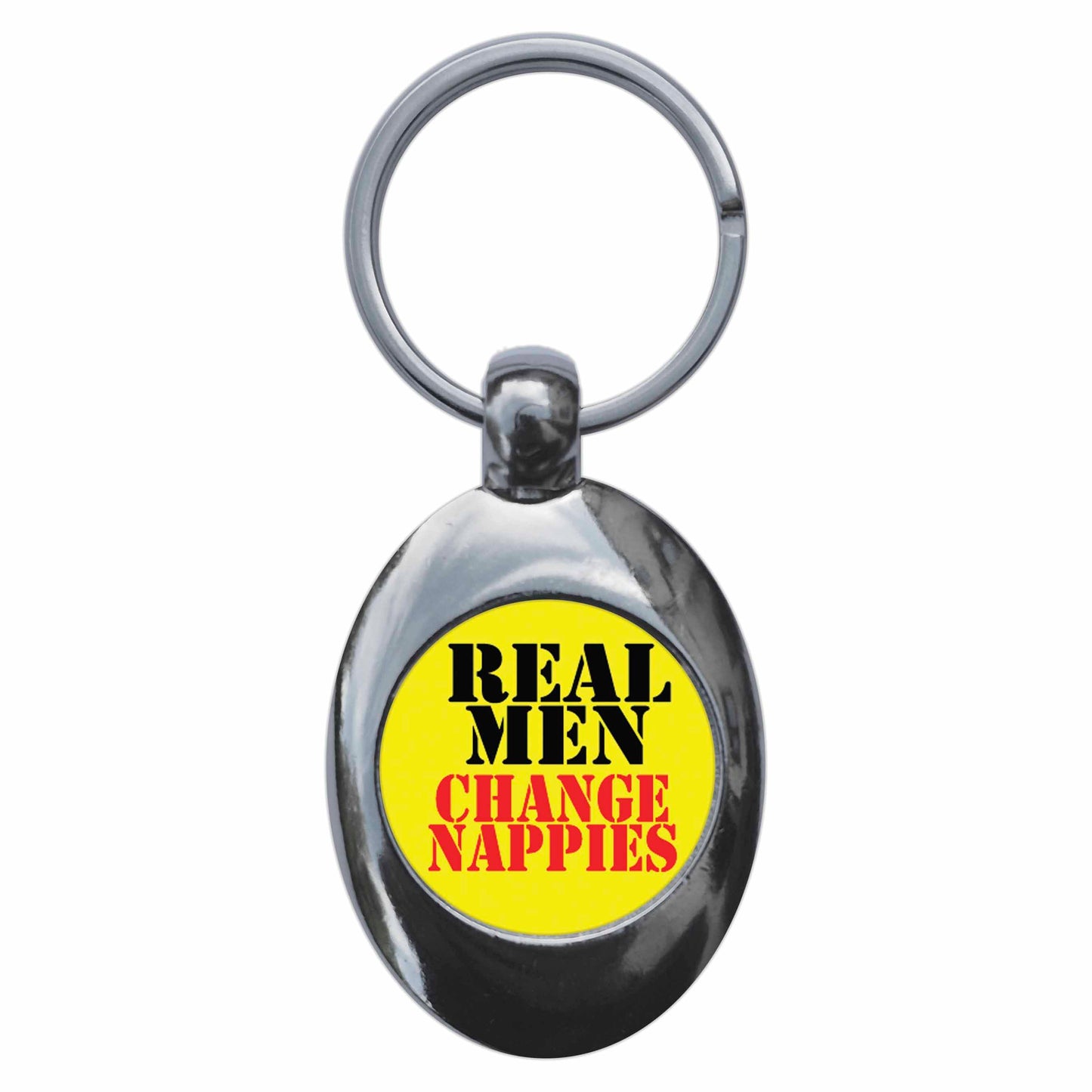 A picture of the front of the product, titled Real Men Change Nappies Metal Keyring With Trolley Coin