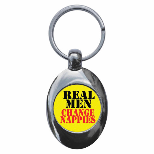 A picture of the front of the product, titled Real Men Change Nappies Metal Keyring With Trolley Coin