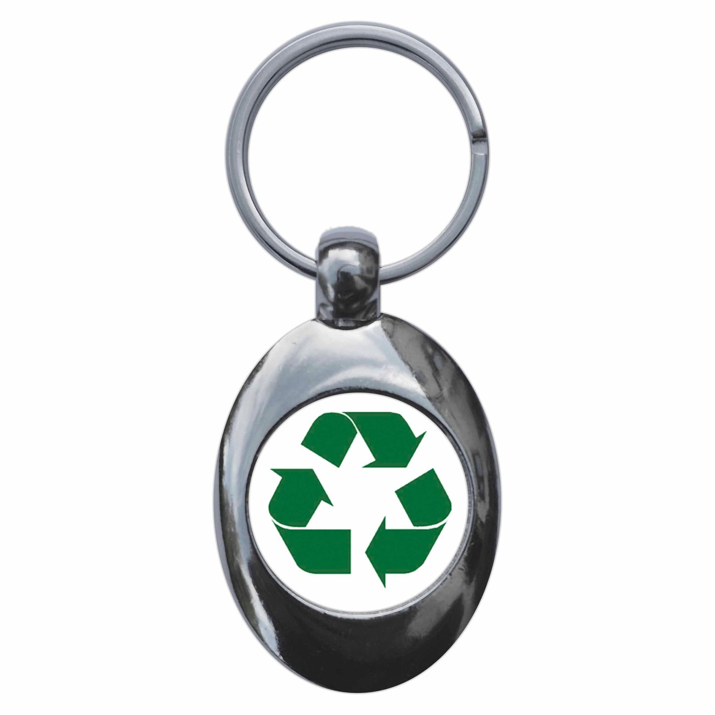 A picture of the front of the product, titled Recycle Logo Metal Keyring With Trolley Coin