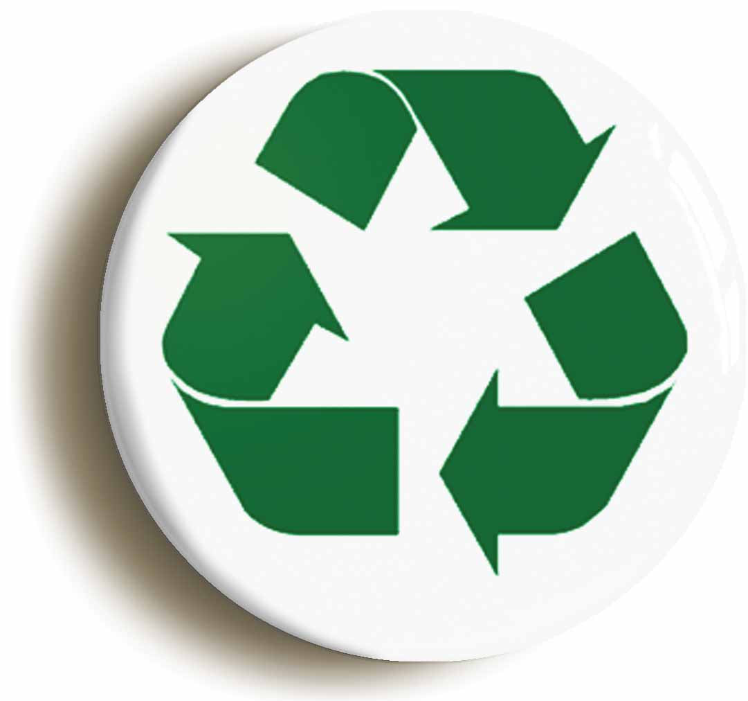 A picture of the front of the product, titled Recycling Logo Green( Size Is 2Inch/50Mm Diameter) Environment Ecology Button Pin Badge