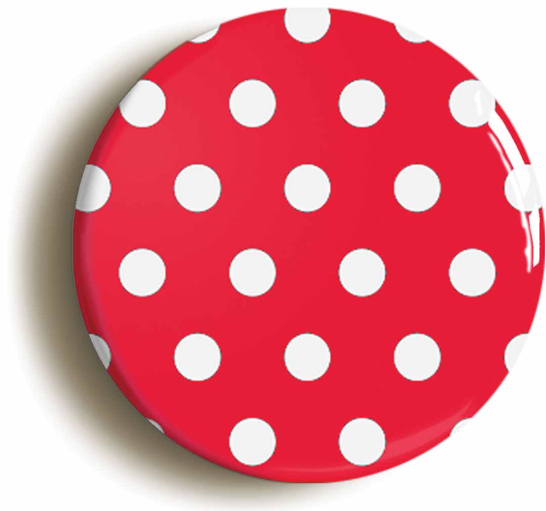 A picture of the front of the product, titled Polka Dot Pattern On Red Button Pin Badge