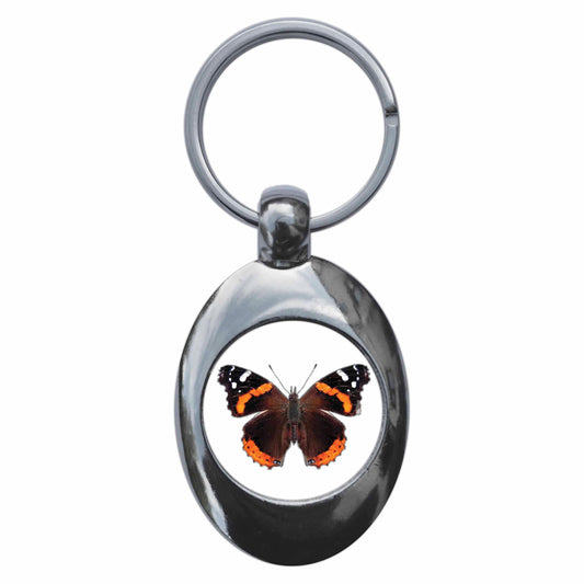 A picture of the front of the product, titled Red Admiral Butterfly Metal Keyring With Trolley Coin