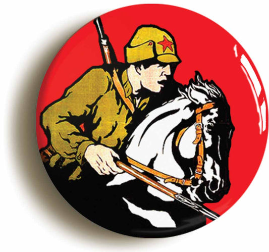 A picture of the front of the product, titled Soviet Red Army Cossack WW2 Communist Button Pin Badge
