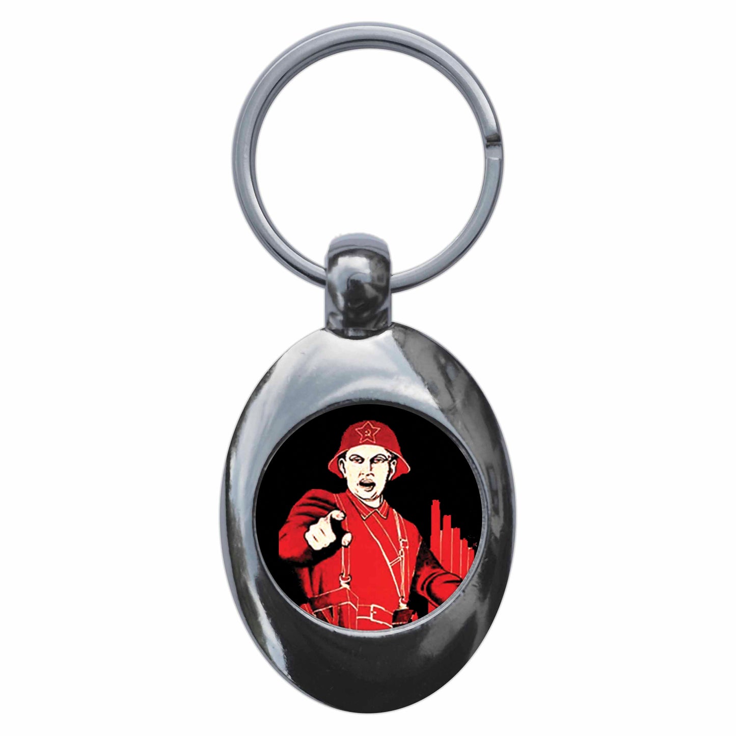 A picture of the front of the product, titled Red Army Soviet Union Metal Keyring With Trolley Coin
