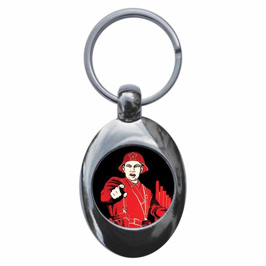 A picture of the front of the product, titled Red Army Soviet Union Metal Keyring With Trolley Coin