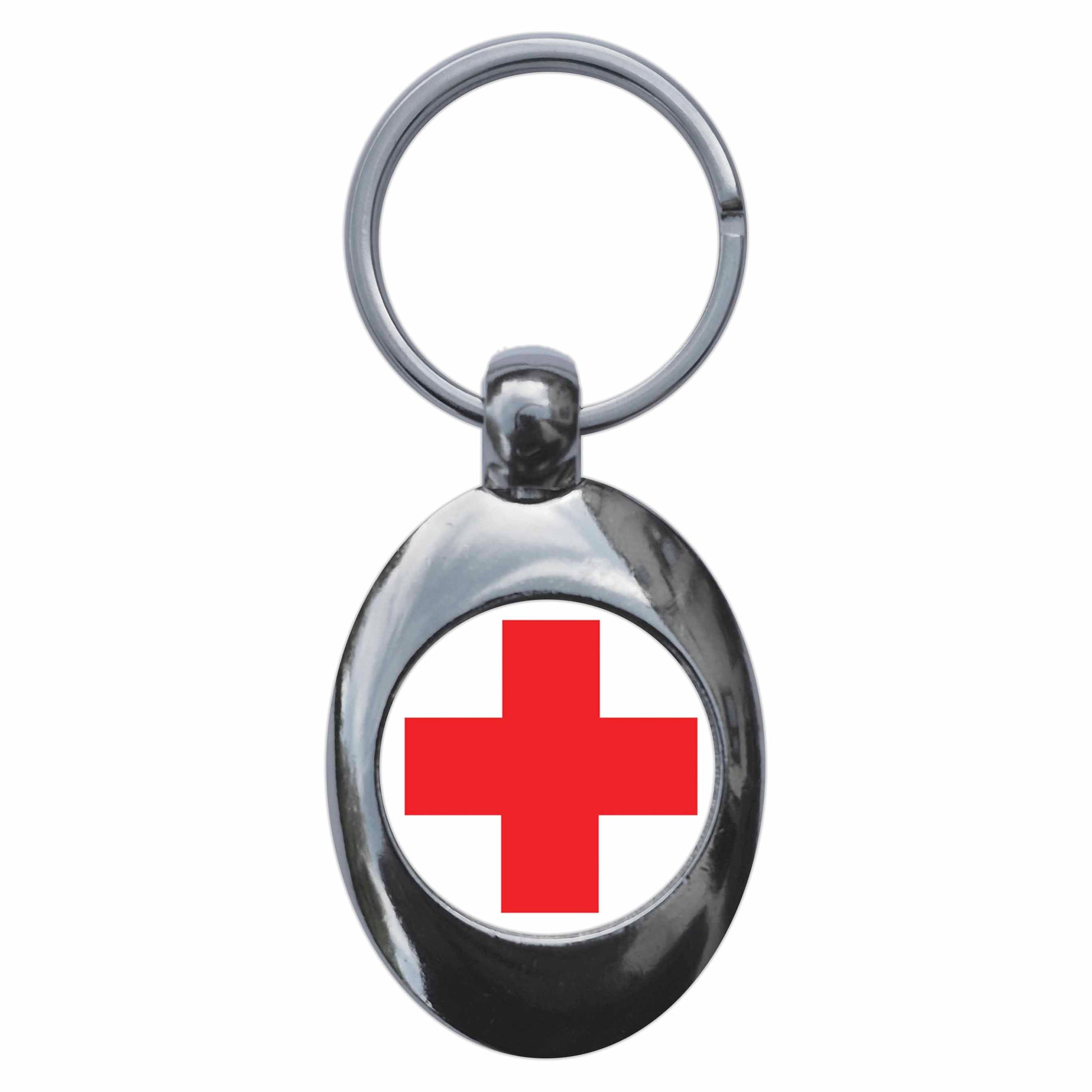 A picture of the front of the product, titled Red Cross Metal Keyring With Trolley Coin