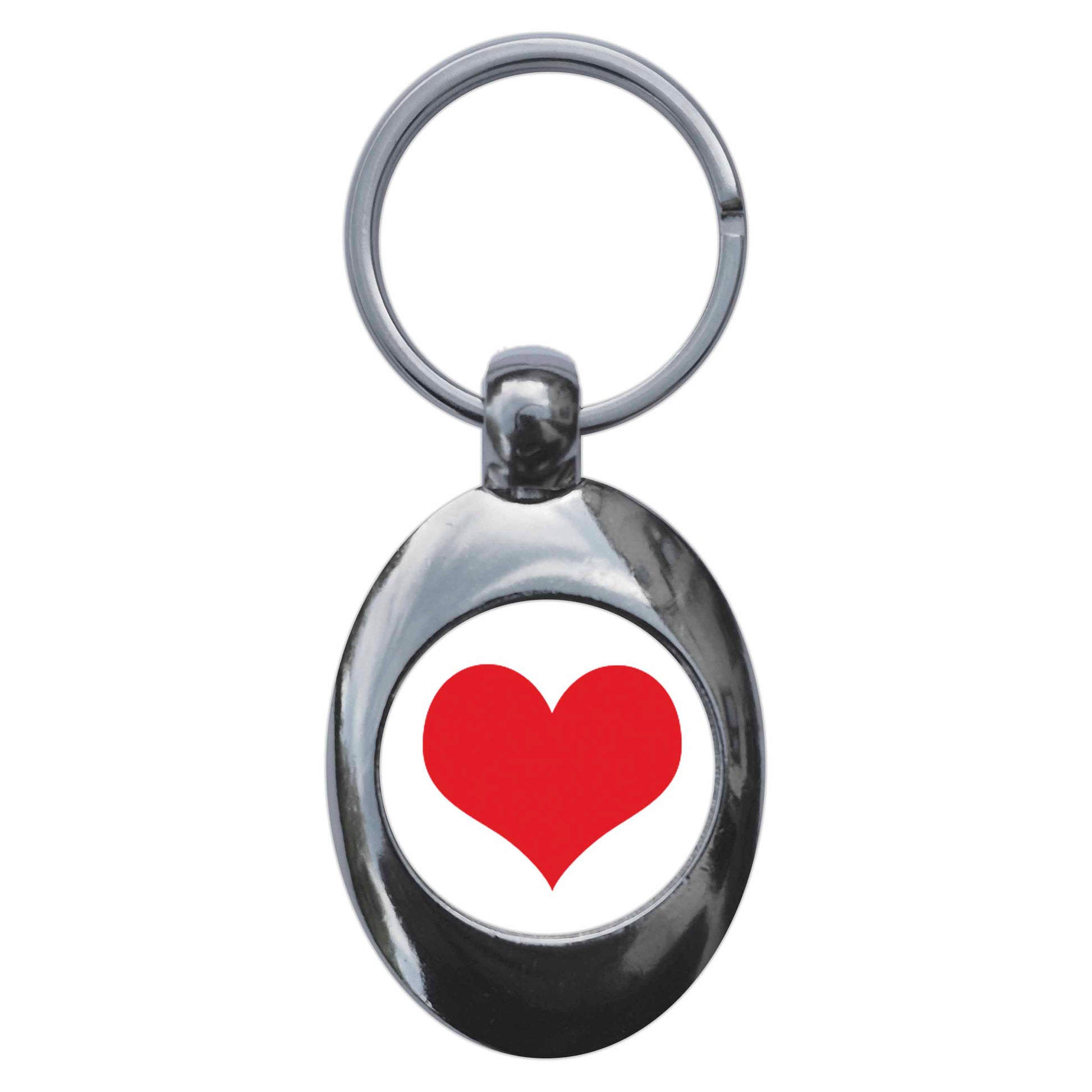 A picture of the front of the product, titled Red Heart Metal Keyring With Trolley Coin