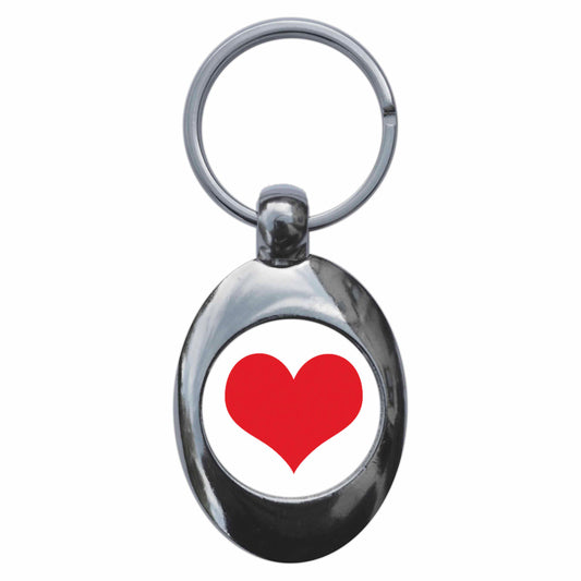 A picture of the front of the product, titled Red Heart Metal Keyring With Trolley Coin