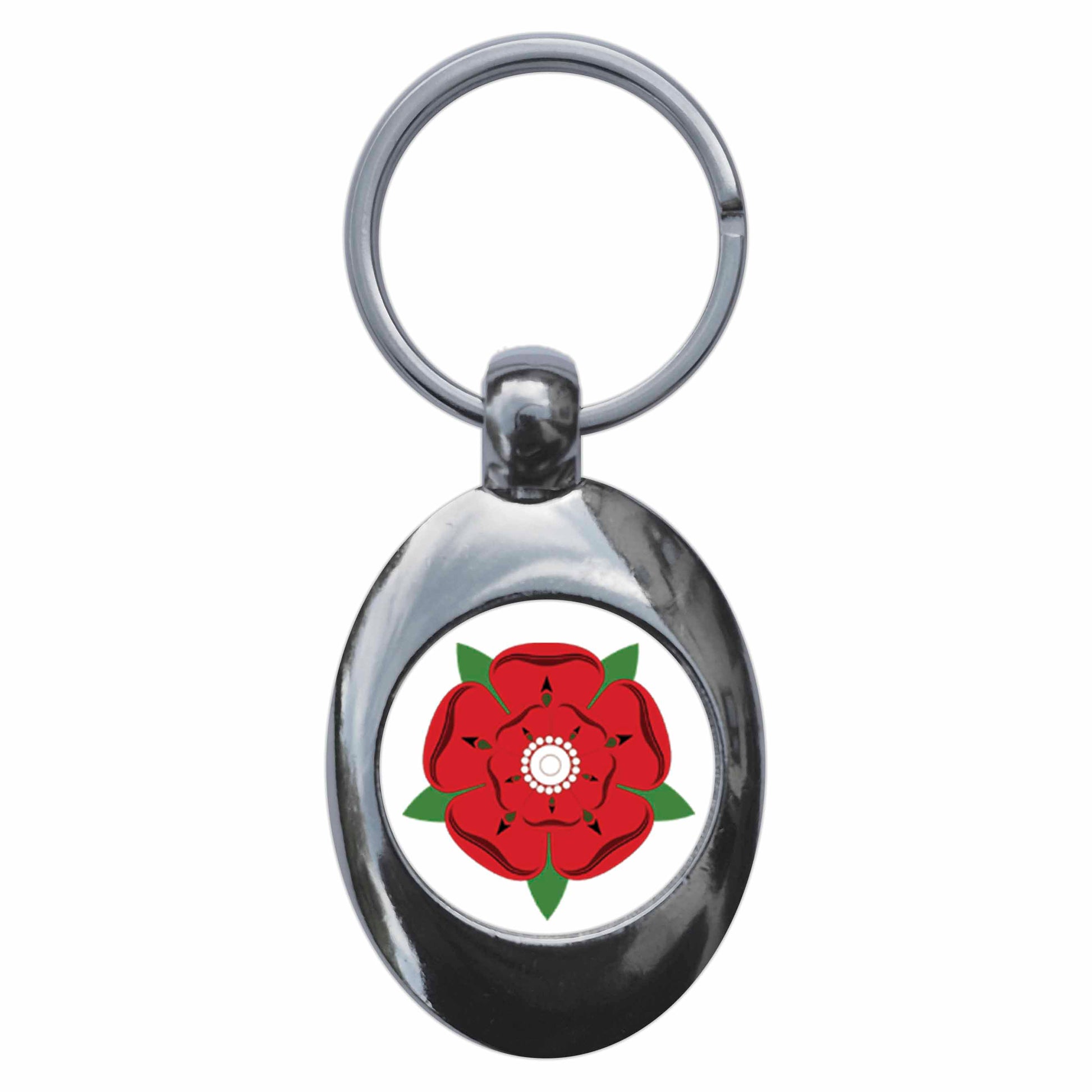 A picture of the front of the product, titled Lancashire Red Rose Metal Keyring With Trolley Coin