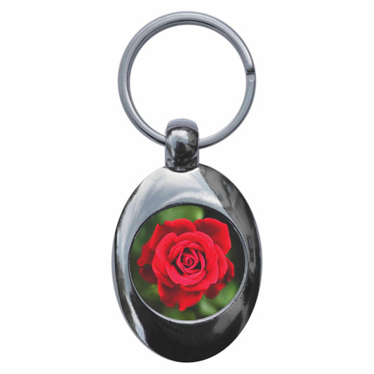 A picture of the front of the product, titled Red Rose Flower Metal Keyring With Trolley Coin