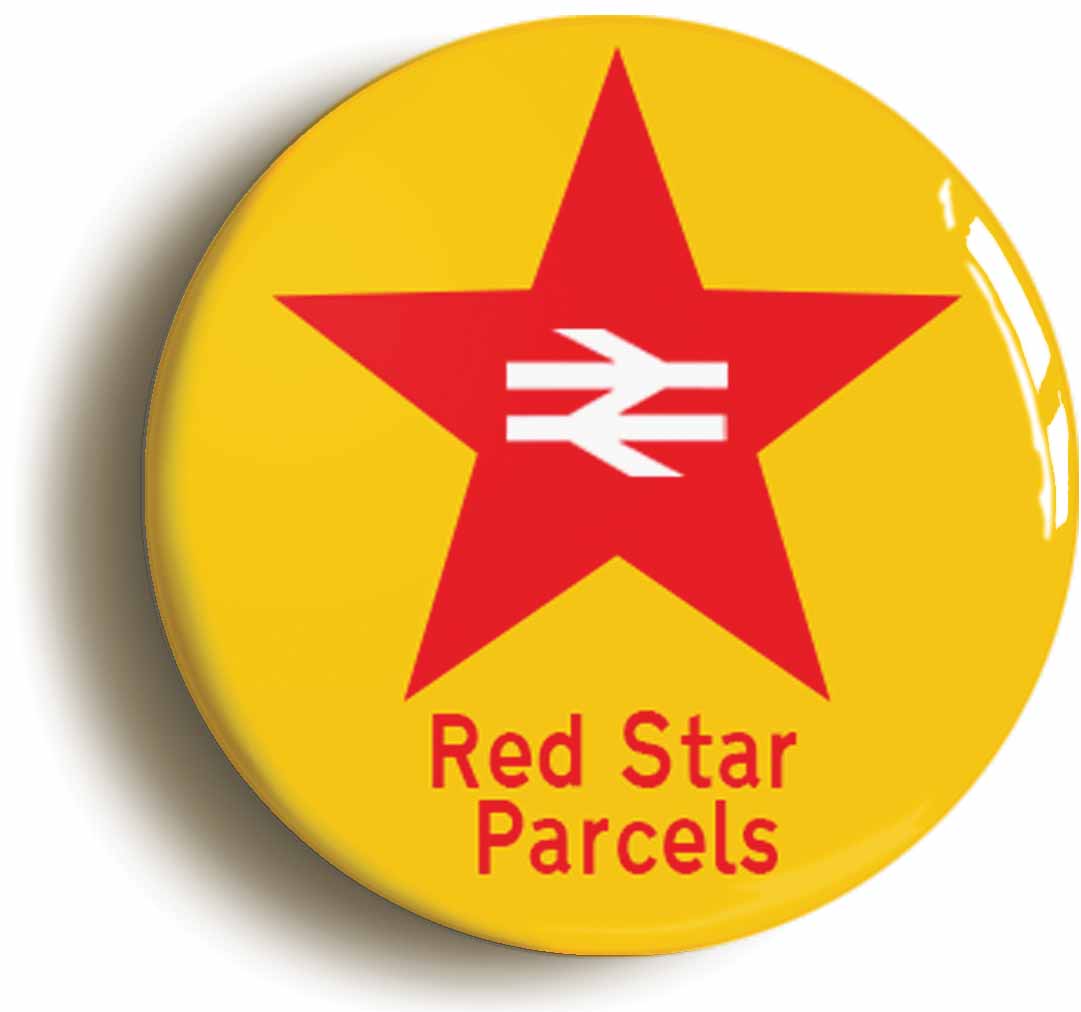 A picture of the front of the product, titled Red Star Parcels Logo British Rail Button Pin Badge