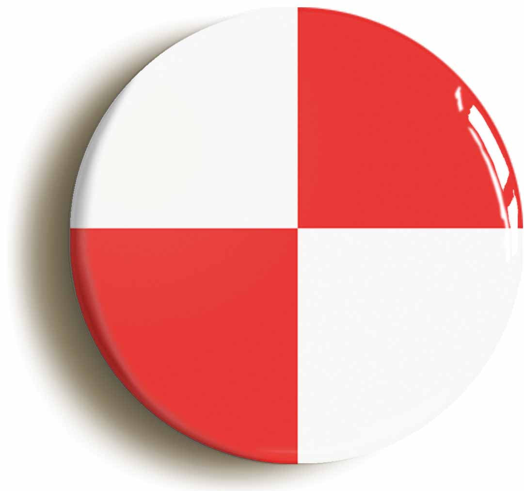 A picture of the front of the product, titled Red And White Quarters Flag Button Pin Badge