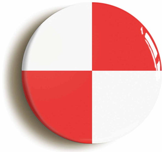 A picture of the front of the product, titled Red And White Quarters Flag Button Pin Badge
