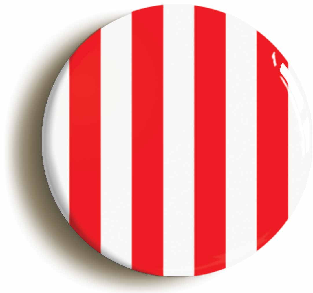 A picture of the front of the product, titled Red And White Striped Button Pin Badge