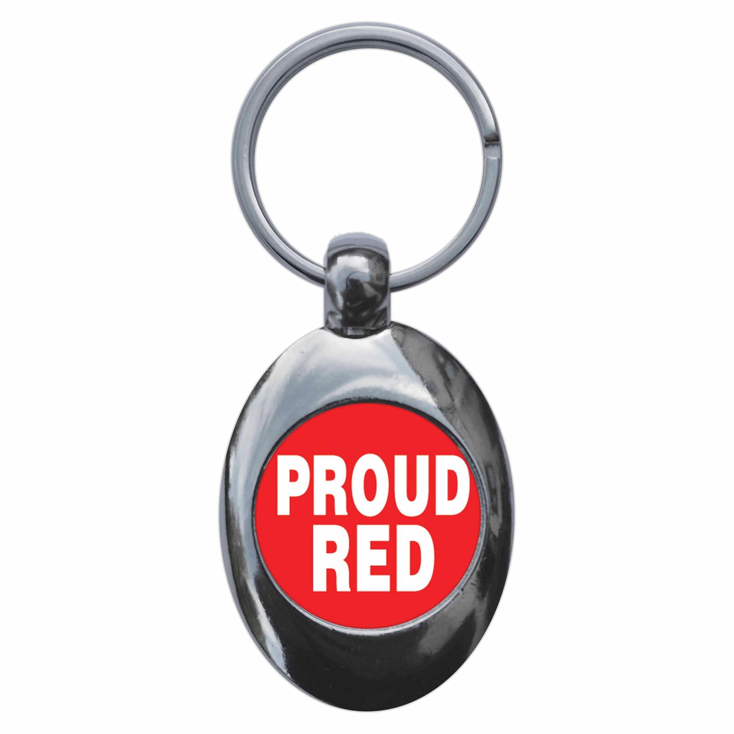 A picture of the front of the product, titled Proud Red Metal Keyring With Trolley Coin