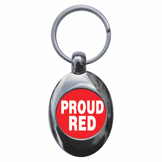A picture of the front of the product, titled Proud Red Metal Keyring With Trolley Coin
