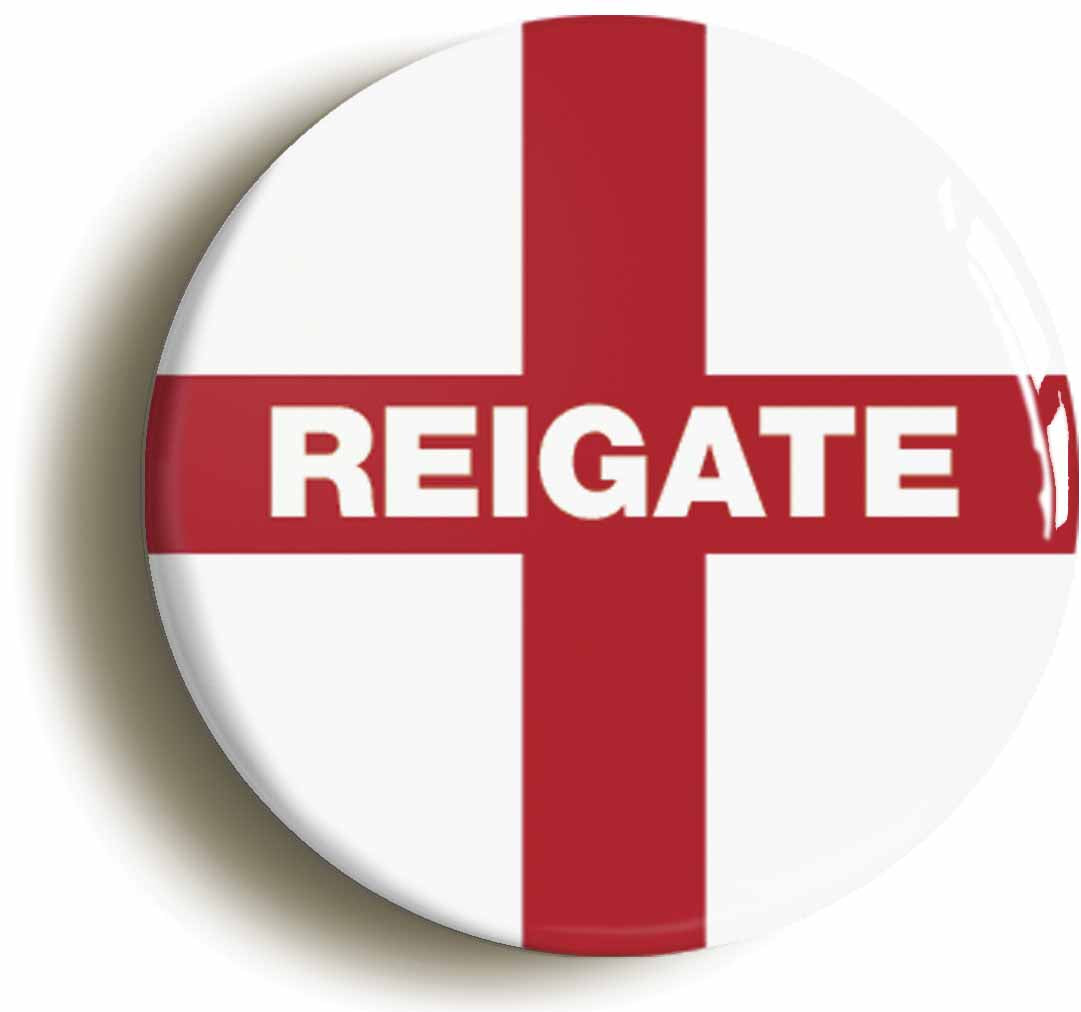 A picture of the front of the product, titled Reigate England Flag Circular 50mm Fridge Magnet