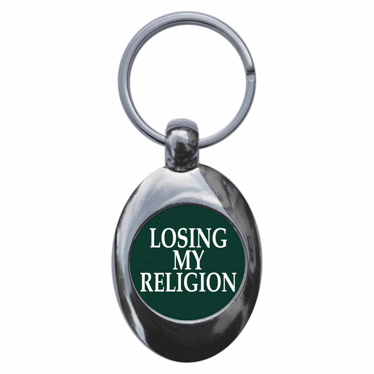 A picture of the front of the product, titled Losing My Religion Metal Keyring With Trolley Coin