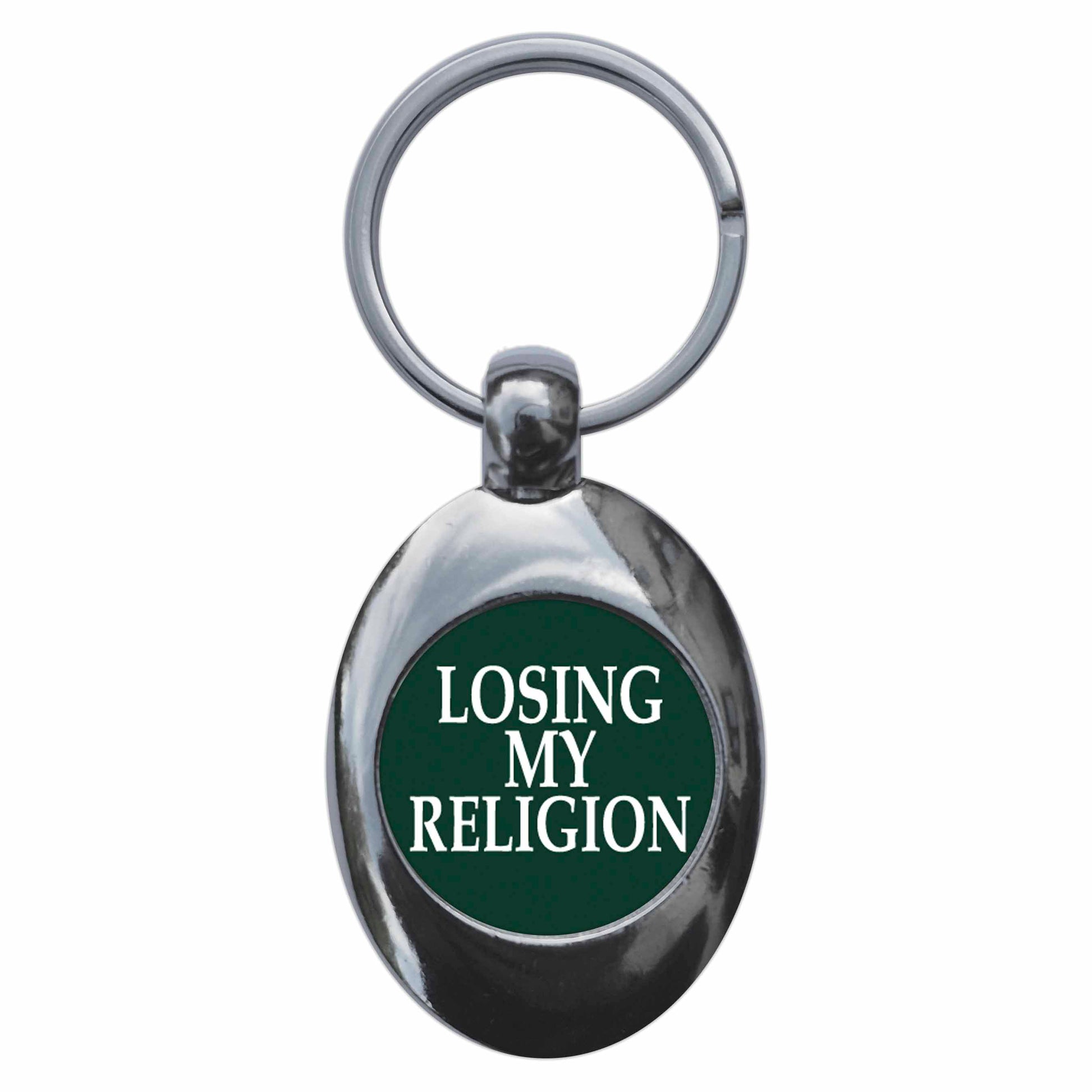 A picture of the front of the product, titled Losing My Religion Metal Keyring With Trolley Coin