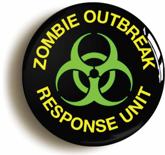 A picture of the front of the product, titled Zombie Outbreak Response Unit Button Pin Badge