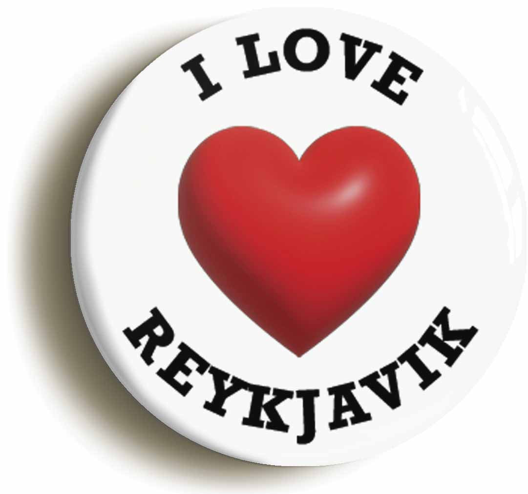 A picture of the front of the product, titled I Heart Love Reykjavik Location Circular 50mm Fridge Magnet