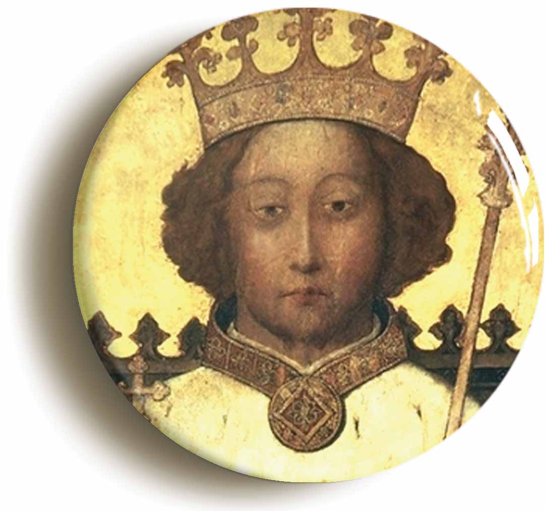 A picture of the front of the product, titled King Richard II Portrait Button Pin Badge