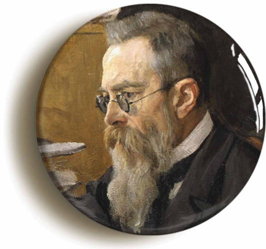 A picture of the front of the product, titled Nikolai Rimsky-Korsakov Classical Music Button Pin Badge