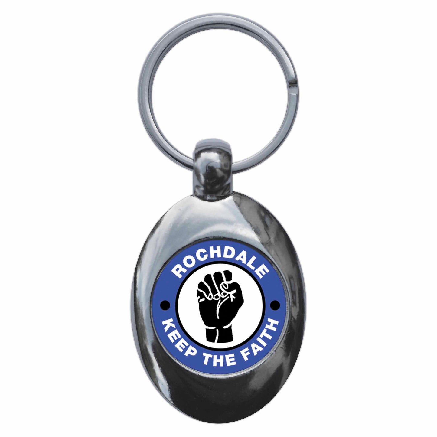A picture of the front of the product, titled Rochdale Keep The Faith Northern Soul Metal Keyring With Trolley Coin