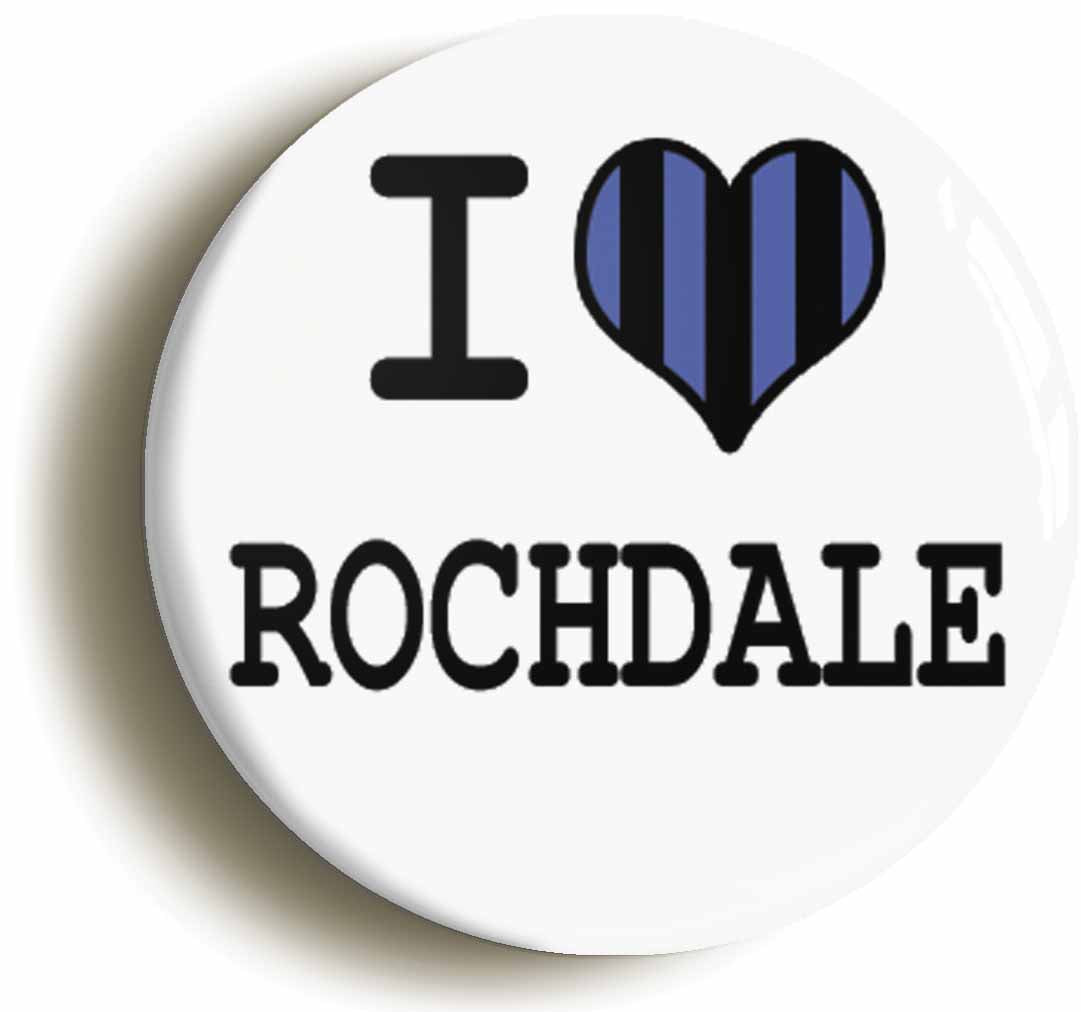 A picture of the front of the product, titled I Heart Love Rochdale Button Pin Badge