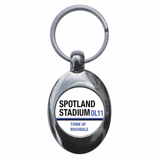 A picture of the front of the product, titled Spotland Stadium OL11 Rochdale Road Sign Metal Keyring With Trolley Coin
